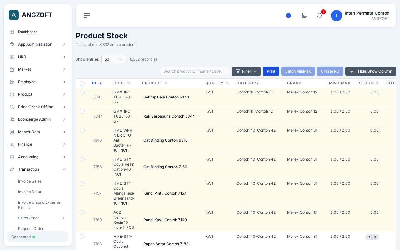Layar Product Stock di aplikasi Angzoft ERP.