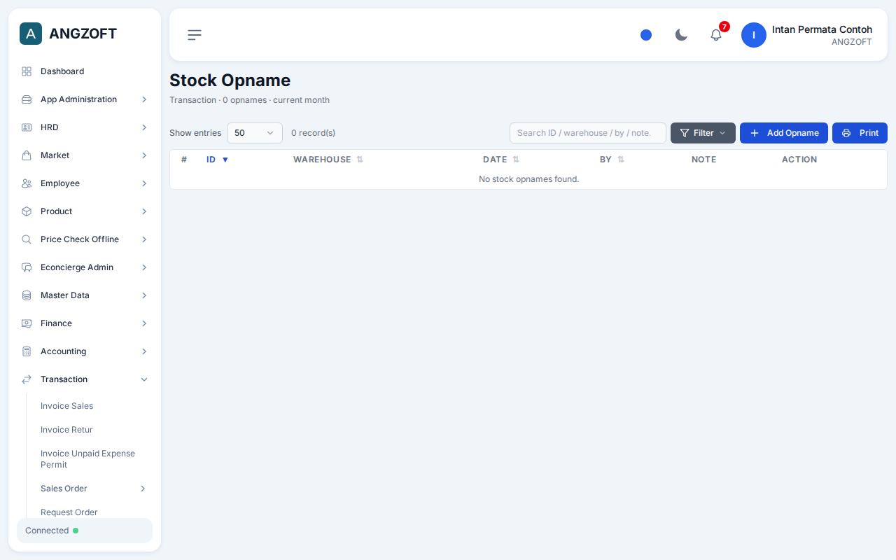 Layar Stock Opname di aplikasi Angzoft ERP.