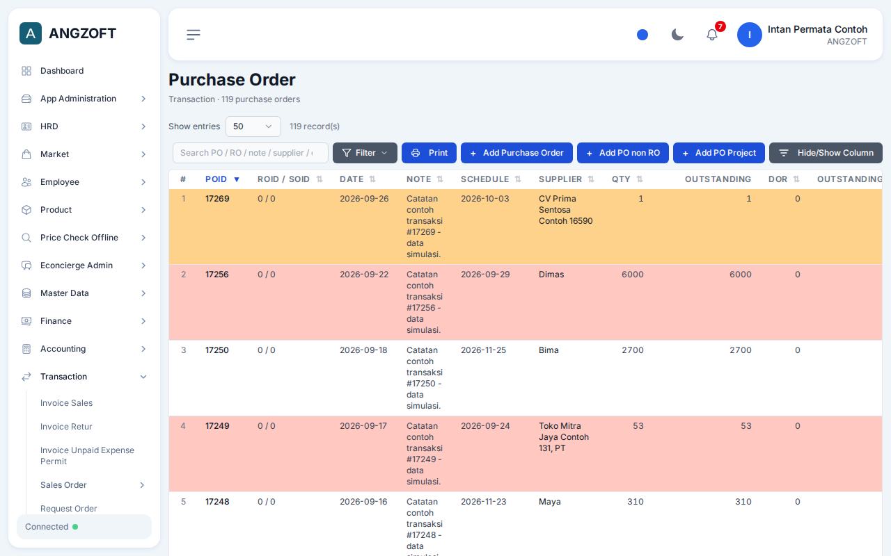 Layar Purchase Order di aplikasi Angzoft ERP.