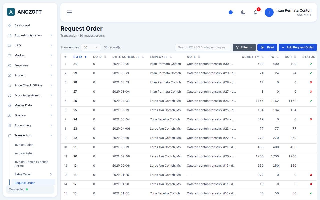 Layar Request Order di aplikasi Angzoft ERP.
