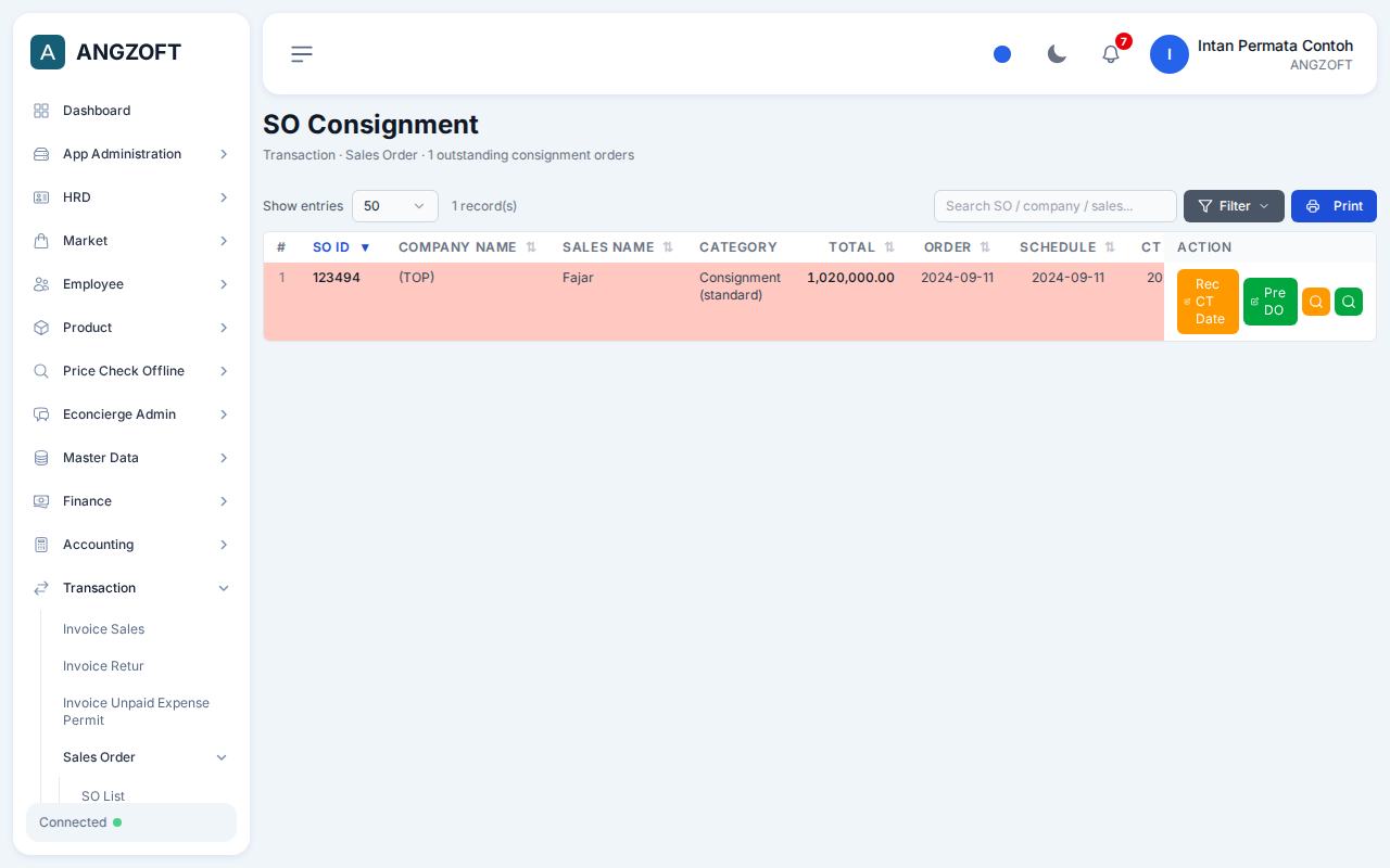 Layar SO Consignment di aplikasi Angzoft ERP.