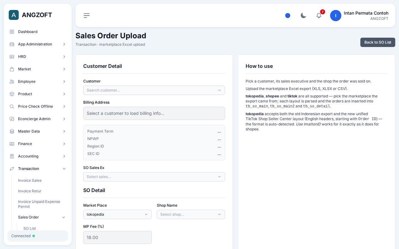 Layar SO Upload di aplikasi Angzoft ERP.