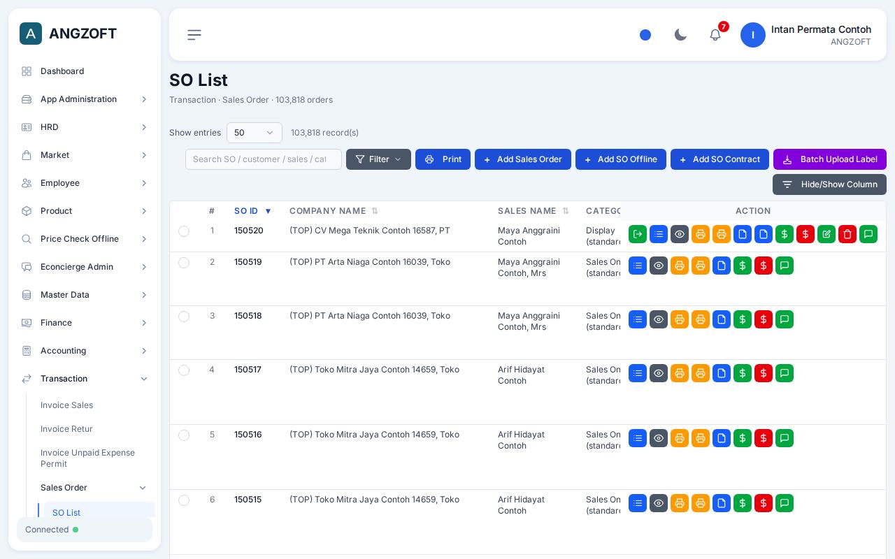 Layar SO List di aplikasi Angzoft ERP.