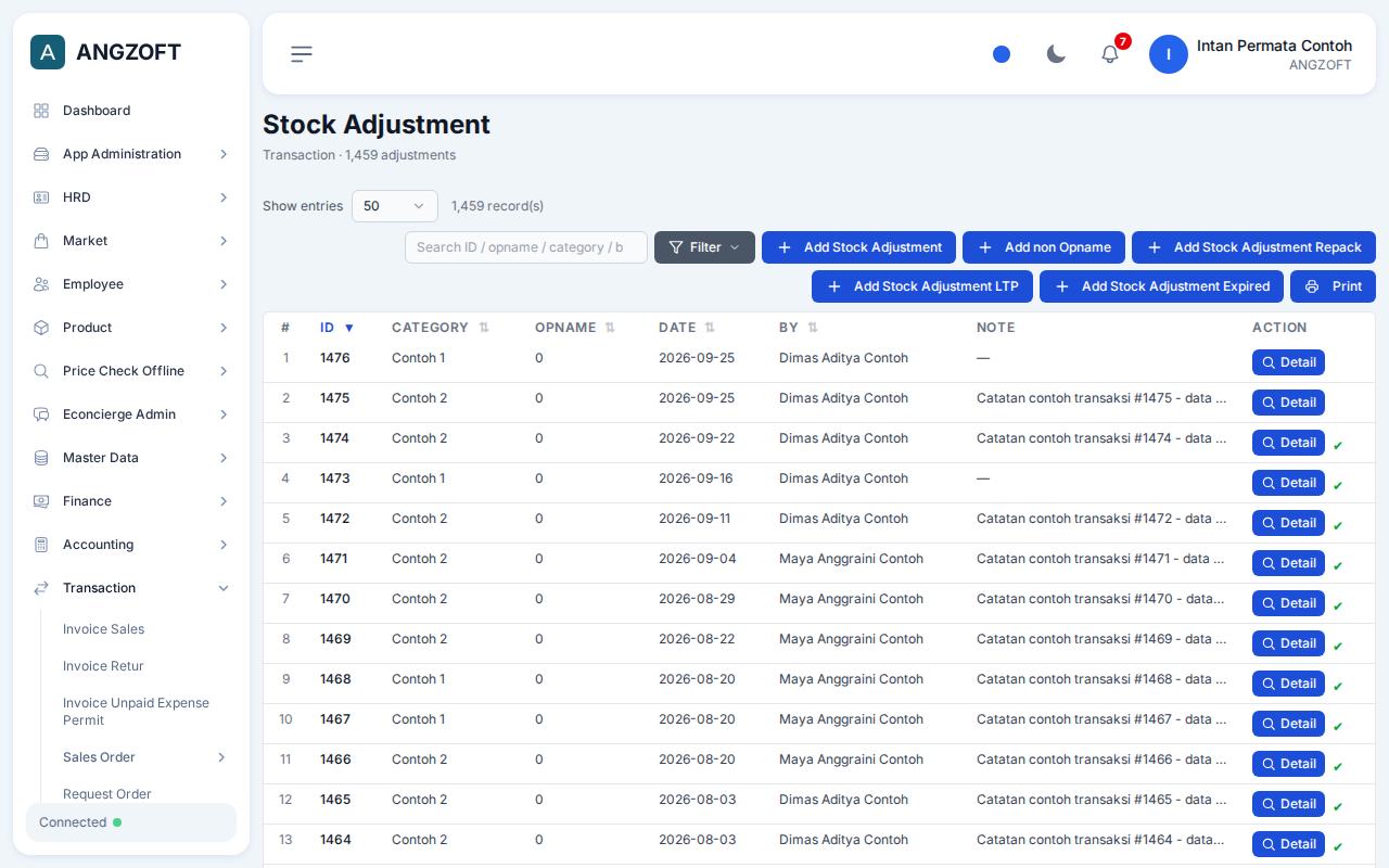 Layar Stock Adjustment di aplikasi Angzoft ERP.