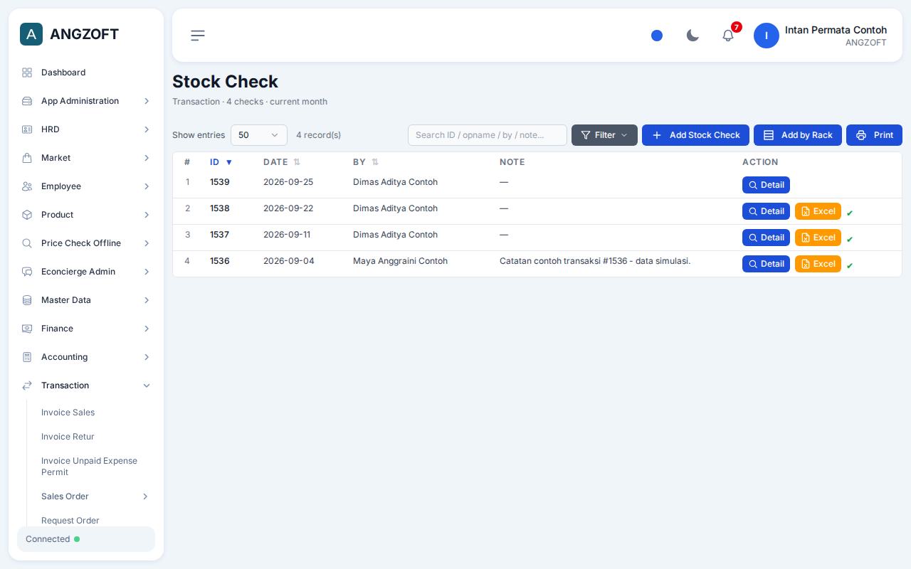 Layar Stock Check di aplikasi Angzoft ERP.