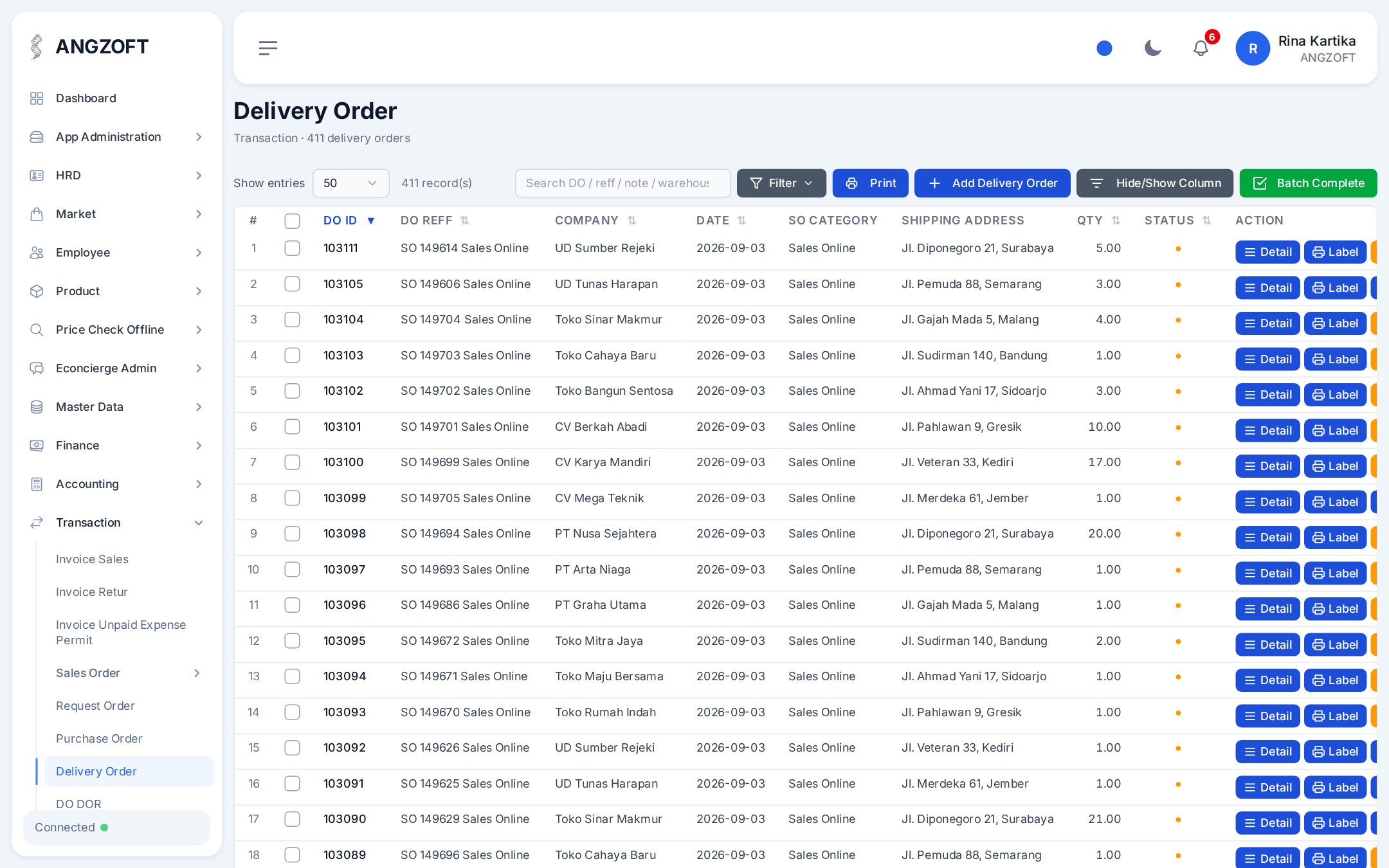 Daftar delivery order dengan referensi SO, pelanggan, tanggal, dan alamat kirim.